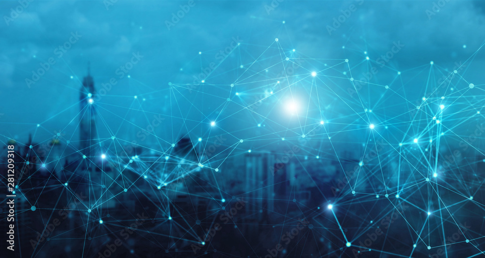Poster modern city with wireless network connection concept. social media, innovation and technology. abstr