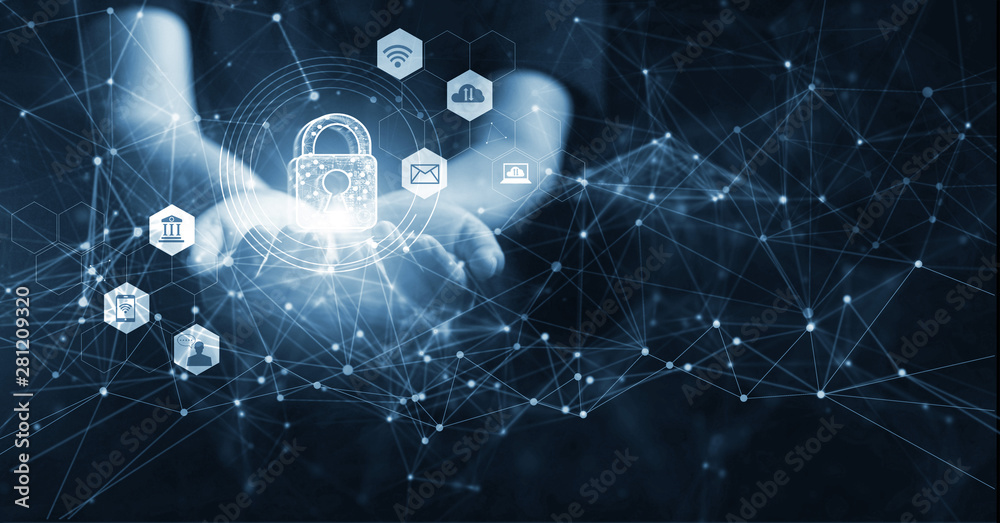 Poster Man holding network security in hands, global. Cyber security and information or data networking protection, Privacy business internet technology.