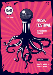 Music poster with octopus and microphone. Rap and rock party illustration.
