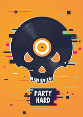 Music party poster with skull and vinyl record. Hip-hop festival banner.