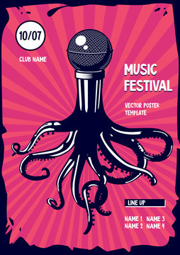 Music Poster With Octopus And Microphone. Rap And Rock Party Illustration.