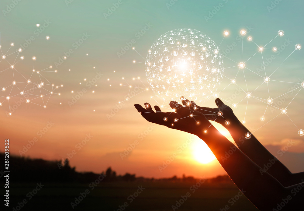 Leinwandbilder Man hands holding global network and data customer connection on nature background.