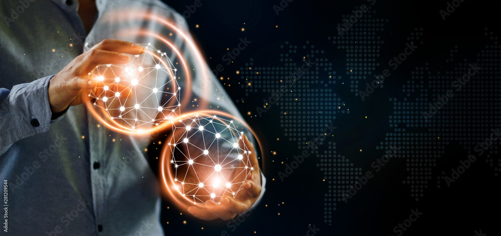 Leinwandbilder Man and abstract global networking connection in hands. Technology and internet communication. Data exchange.