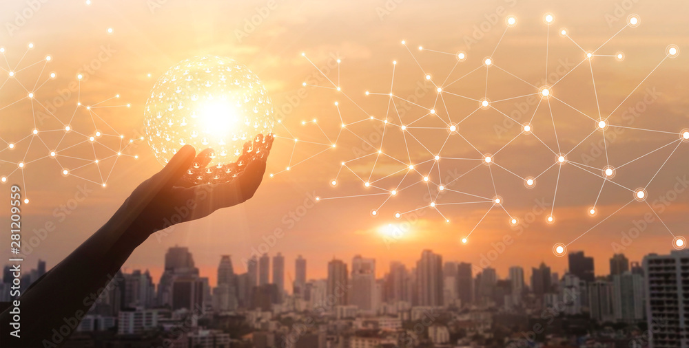 Poster businessman holding global network and data customer connection on big city background