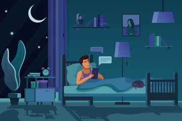 Man texting at night flat vector illustration. Guy in bed, sending messages, chatting online drawing. Evening room interior design. Smiling male cartoon character using tablet, cat sleeping