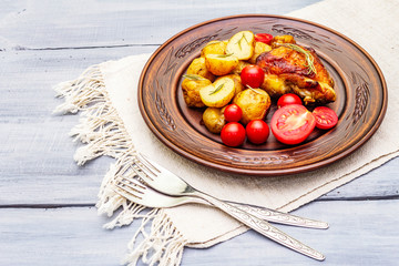Roast chicken thighs and baby potatoes