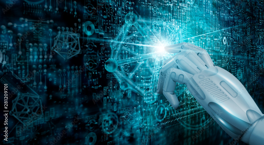 Poster Touch the future, Modern interface digital technology, Machine learning. AI. Networking and connecting the world.