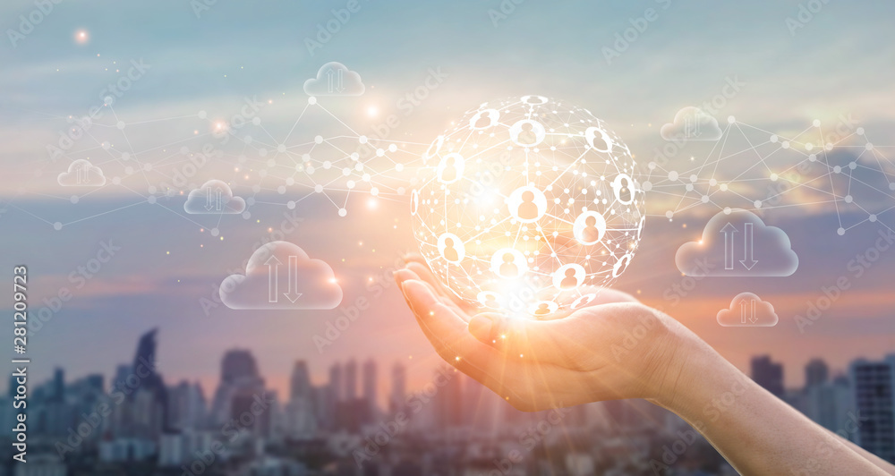 Leinwandbilder Hands of business holding global structure networking and data exchanges customer connection on sunset background