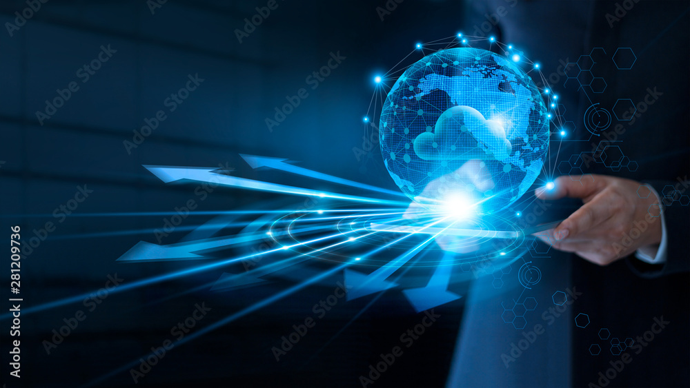 Aufkleber Businessman using cloud computing connect at big data on global network connection, Cloud service and networking data storage technology service on dark blue background.