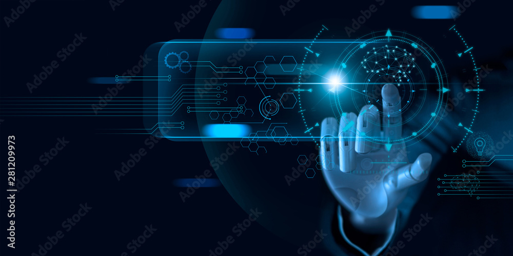 Poster Machine learning. Hand of robot touching on binary data. Futuristic Artificial intelligence (AI). Deep Learning. Brain representing. Algorithm and innovative. Neural Network. Big data visualization.