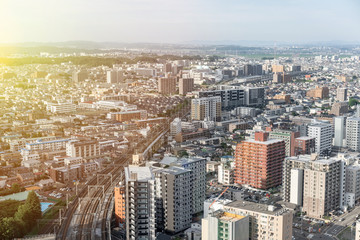 city skyline aerial view of Sendai in Japan
