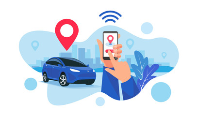 Vector illustration of autonomous wireless parking remote connected car sharing service controlled via smartphone app. Hands holding phone location mark of smart electric car in modern city skyline. - obrazy, fototapety, plakaty