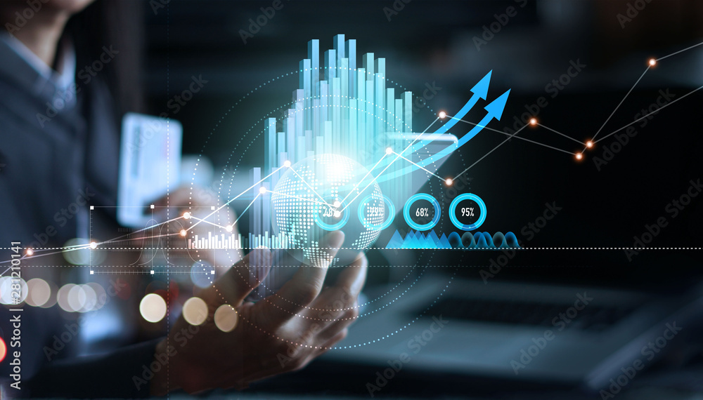 Aufkleber businessman using mobile smartphone analyzing sales data and business growth graph chart. digital ma