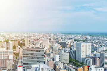 city skyline aerial view of Sendai in Japan