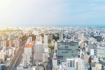 city skyline aerial view of Sendai in Japan