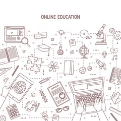 Monochrome banner template with hands typing on laptop and stationery drawn with contour lines. Online or distance education, e-learning, studying on internet. Vector illustration in linear style.