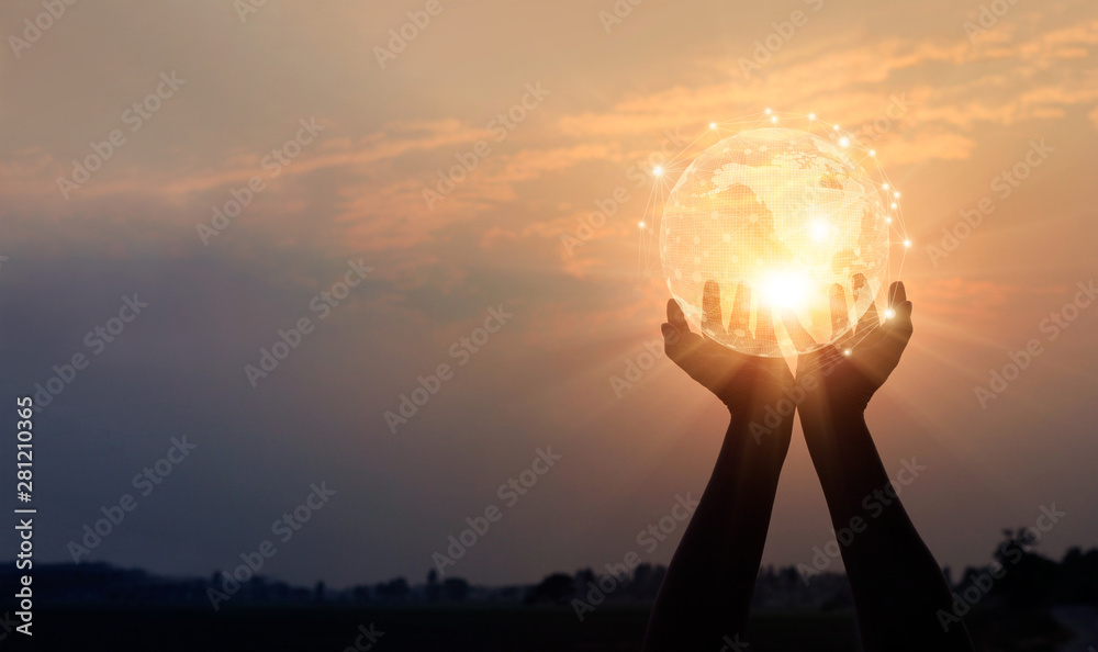 Poster Abstract networking. Technology and communication. Hands holding global network and data exchanges on sunset background..