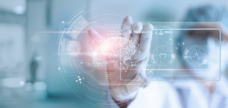 Doctor, surgeon analyzing patient brain testing result and human anatomy on technological digital futuristic virtual interface, digital holographic, innovative in science and medicine concept