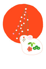 年賀状デザイン　子年　餅花とねずみの置物