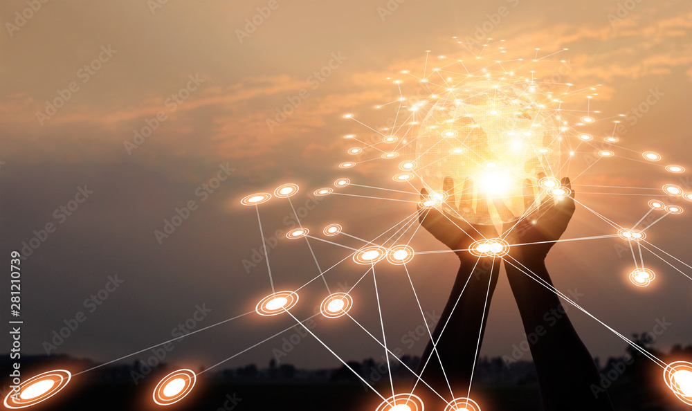 Poster Abstract networking. Technology and communication. Hands holding global network and data exchanges on sunset background.