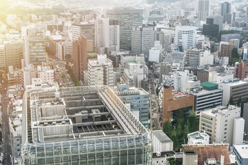 city skyline aerial view of Sendai in Japan