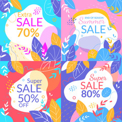 Summer Sale Banners Set, Doodle Watercolor Style