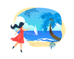 Fototapeta na wymiar Woman in Red Dress Stand on Beach with Palm Trees