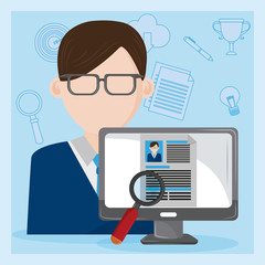 Job interview computer with checking worker CV profile