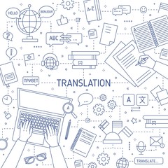 Square monochrome banner template with hands of translators typing on laptop keyboard and writing on paper. Professional translation of foreign languages. Vector illustration in modern linear style.