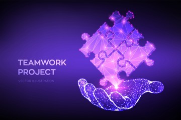 Teamwork. Puzzle elements in hand. Team metaphor. Symbol of teamwork, cooperation, partnership, association and connection. Polygonal puzzle pieces. Business concept of connecting. Vector Illustration