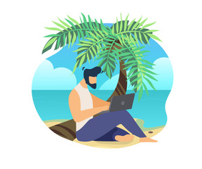 Obraz na płótnie Canvas Man Sitting on Palm Trunk at Beach Work on Laptop