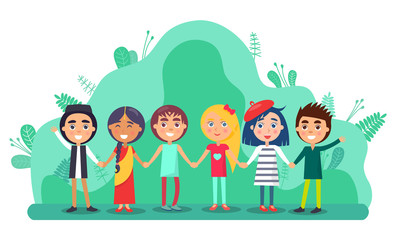 Group of children holding hands and smiling. Full length view of cute little kids in colourful clothes standing together. Friendship and childhood vector