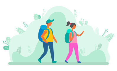 Man and woman with backpacks walking on background of green leaves and bushes. Vector cartoon people on hiking or camping tour, male and female in touristic hike