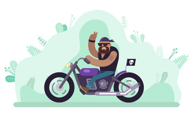 Motorcycle and brutal biker vector, person riding bike. Male with tattoos and beard wearing hat and leather jacket. Person sitting on machine transport