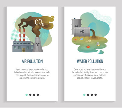Air pollution vector, water waste and disposals, gas emissions from factories emitting co2 harmful substances, sewer pipe with garbage in it. Website or slider app, landing page flat style
