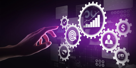 Business process management, automation workflow document validation, connected gear cogs with icons, technology concept