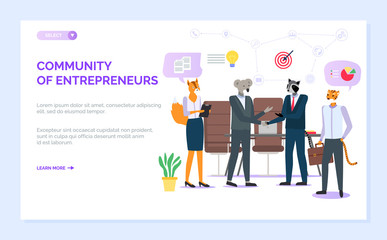 Community of entrepreneurs vector, hipster animals fox secretary, koala and raccoon partners handshaking, tiger character holding briefcase, paper. Website or webpage template, landing page flat style