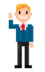 Pixel character wearing formal clothes vector, isolated person with tie on neck, male waving and greeting, gesturing personage , person with smile