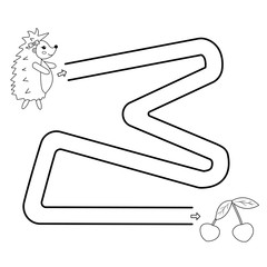Help the hedgehog to draw a line to the cherry. Maze game for small children. Coloring. Vector kawaii characters.