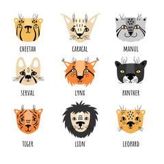 Vector set of 9 wild cats in Scandinavian style. Set of stickers, isolates.
