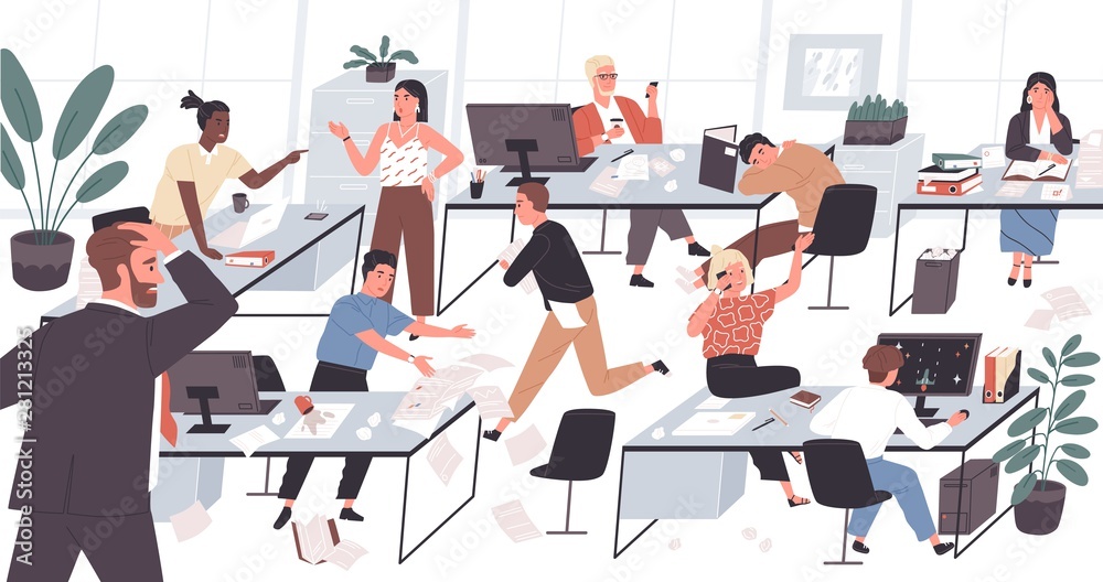 Aufkleber Unorganized office with lazy and unmotivated workers. Concept of difficulties and problems with organization at work, chaos, mess and disorder at workplace. Flat cartoon colorful vector illustration.