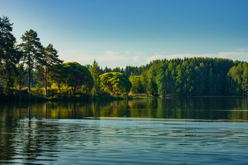 calm shore of the Vuoksa river in the morning