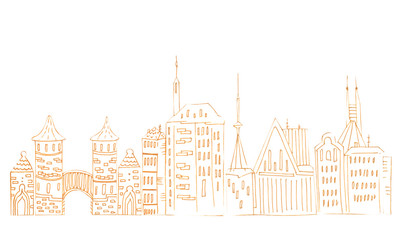 Illustration of sketch drawing black contour of skyline cities on a white isolated background.