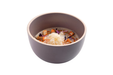 Mushroom soup puree with sheese and croutons isolated on white