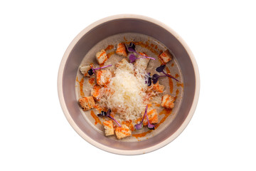 Mushroom soup puree with sheese and croutons isolated on white