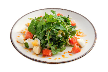 Salad with salmon, egg, cheese and arugula isolated on white