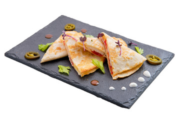 Spicy tortilla with chicken, cheese and tomato isolated on white