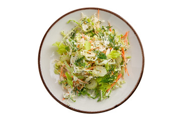 Salad with fresh cabbage, carrot and celery isolated on white