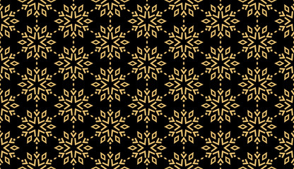 Abstract geometric pattern with lines, snowflakes. A seamless vector background. Black and gold texture. Graphic modern pattern
