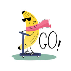 A banana with sunglasses on a scooter. Traveler. Cheerful fruit on vacation. Vector illustration in flat style, hand drawn. - 281214700
